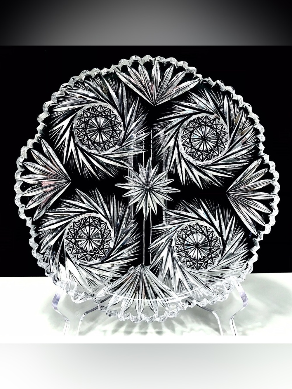 American Brilliant Period Antique Hand Cut Buzz Pinwheel Hobstar Fan Round Tray